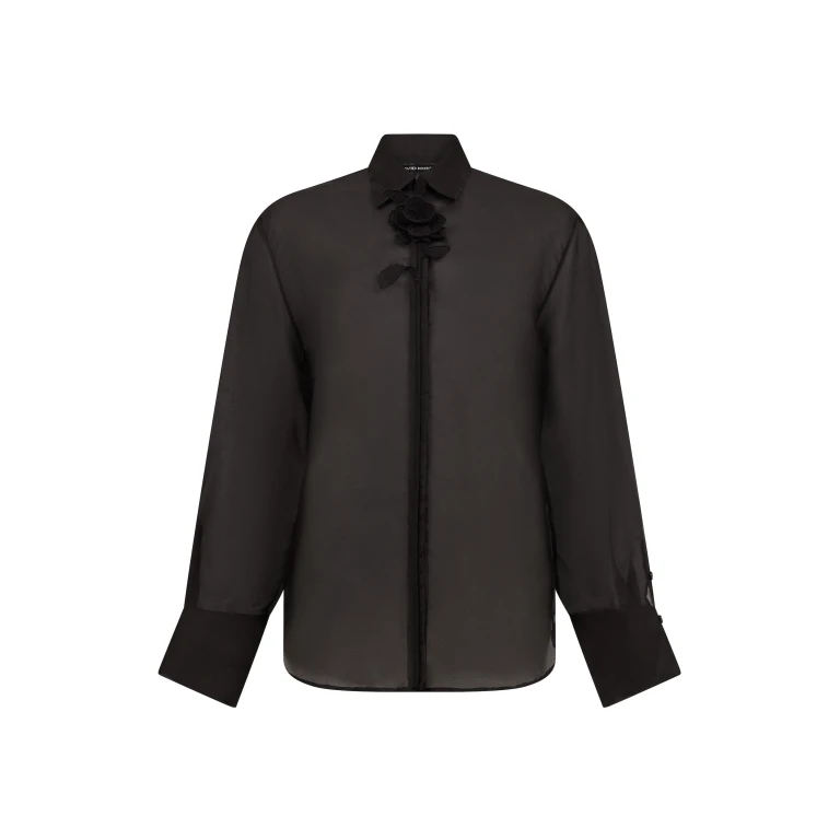 David Koma Organza Shirt With Lace Rose In Black