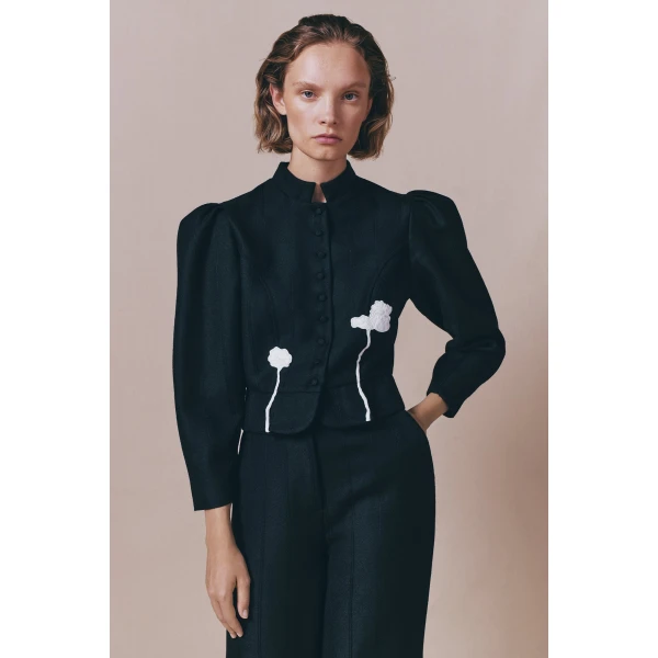 Destree Black virgin wool jacket with puff sleeves and floral embroidery - Destree - Graphic Parisian Fashion - Shop at Luxury Shoes 