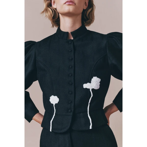 Destree Black virgin wool jacket with puff sleeves and floral embroidery - Destree - Graphic Parisian Fashion - Shop at Luxury Shoes 