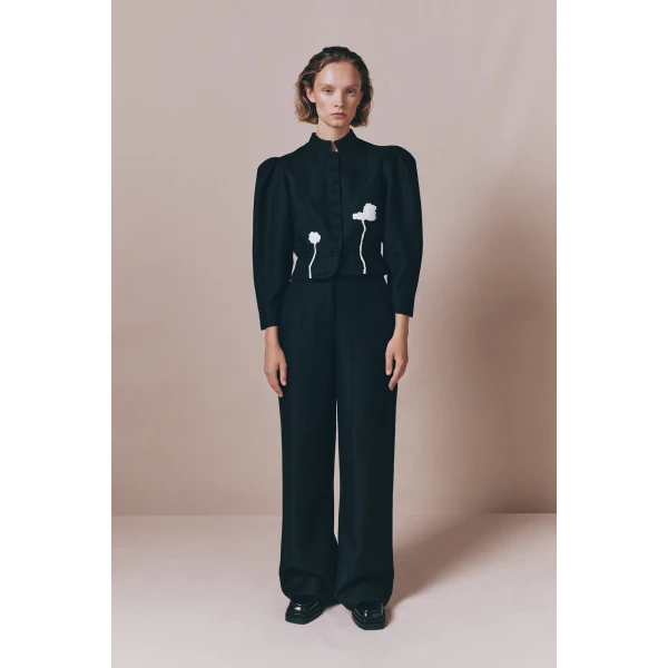 Destree Black virgin wool jacket with puff sleeves and floral embroidery - Destree - Graphic Parisian Fashion - Shop at Luxury Shoes 