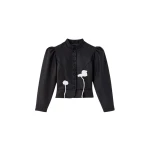 Destree Black virgin wool jacket with puff sleeves and floral embroidery - Destree - Graphic Parisian Fashion - Shop at Luxury Shoes 