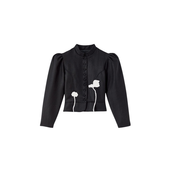 Destree Black virgin wool jacket with puff sleeves and floral embroidery - Destree - Graphic Parisian Fashion - Shop at Luxury Shoes 