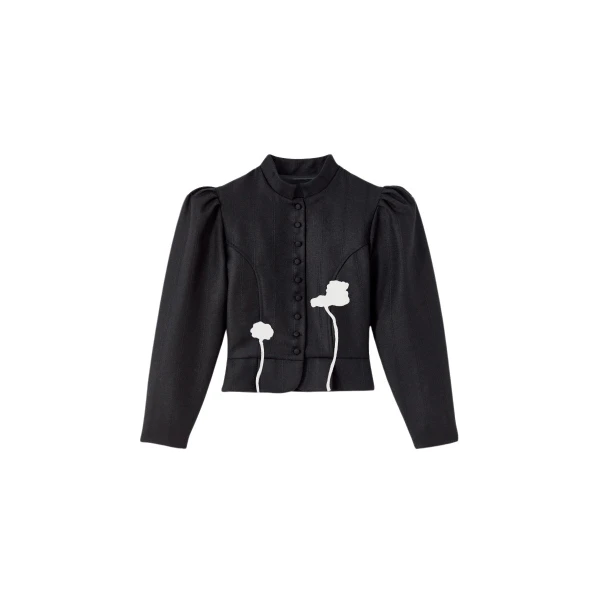 Destree Black virgin wool jacket with puff sleeves and floral embroidery - Destree - Graphic Parisian Fashion - Shop at Luxury Shoes 