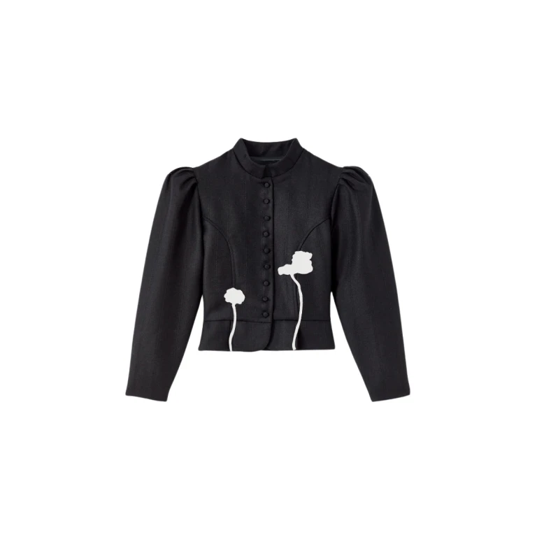 Destree Black virgin wool jacket with puff sleeves and floral embroidery - Destree - Graphic Parisian Fashion - Shop at Luxury Shoes 