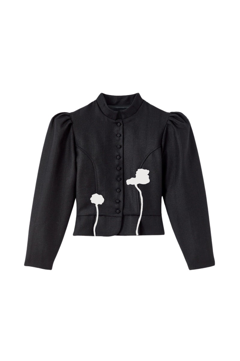 Destree Black virgin wool jacket with puff sleeves and floral embroidery - Destree - Graphic Parisian Fashion - Shop at Luxury Shoes 