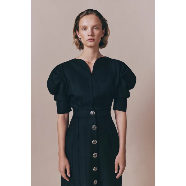 Destree Black virgin wool long skirt with refined buttons - Destree - Graphic Parisian Fashion - Shop at Luxury Shoes 