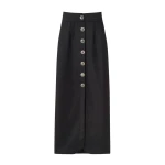 Destree Black virgin wool long skirt with refined buttons - Destree - Graphic Parisian Fashion - Shop at Luxury Shoes 