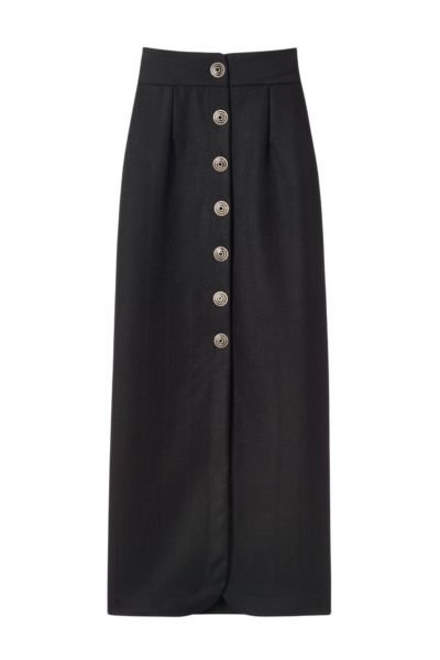 Destree Black virgin wool long skirt with refined buttons - Destree - Graphic Parisian Fashion - Shop at Luxury Shoes 