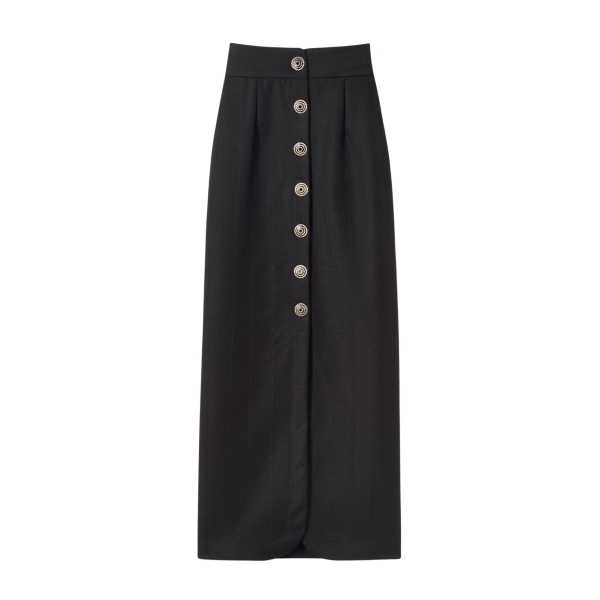 Destree Black virgin wool long skirt with refined buttons - Destree - Graphic Parisian Fashion - Shop at Luxury Shoes 