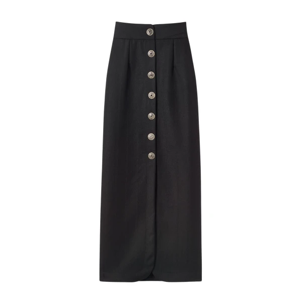 Destree Black virgin wool long skirt with refined buttons - Destree - Graphic Parisian Fashion - Shop at Luxury Shoes 