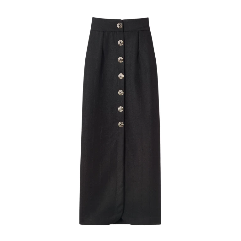Destree Black virgin wool long skirt with refined buttons - Destree - Graphic Parisian Fashion - Shop at Luxury Shoes 