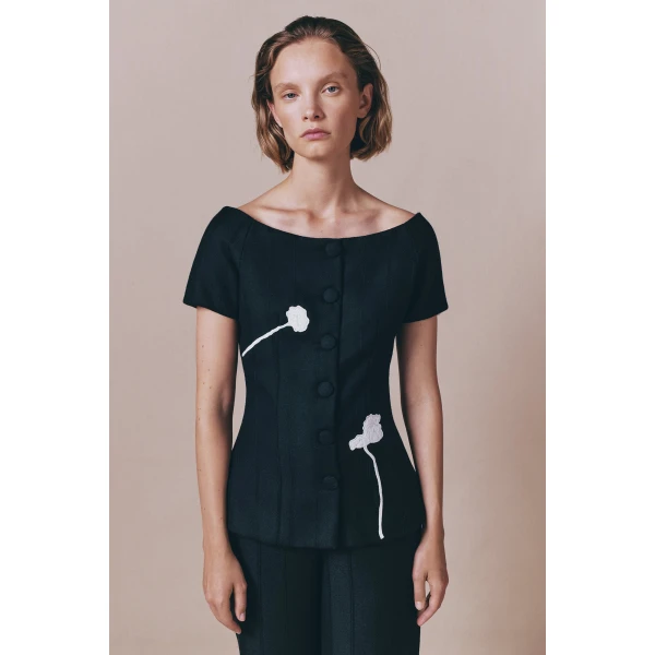 Destree Black virgin wool top with floral embroidery - Destree - Graphic Parisian Fashion - Shop at Luxury Shoes 