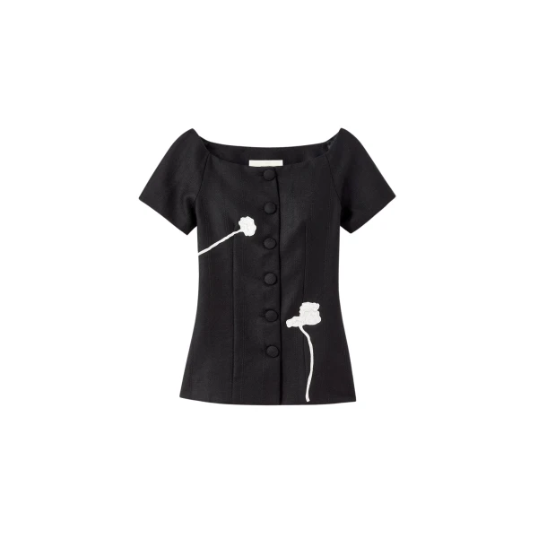 Destree Black virgin wool top with floral embroidery - Destree - Graphic Parisian Fashion - Shop at Luxury Shoes 