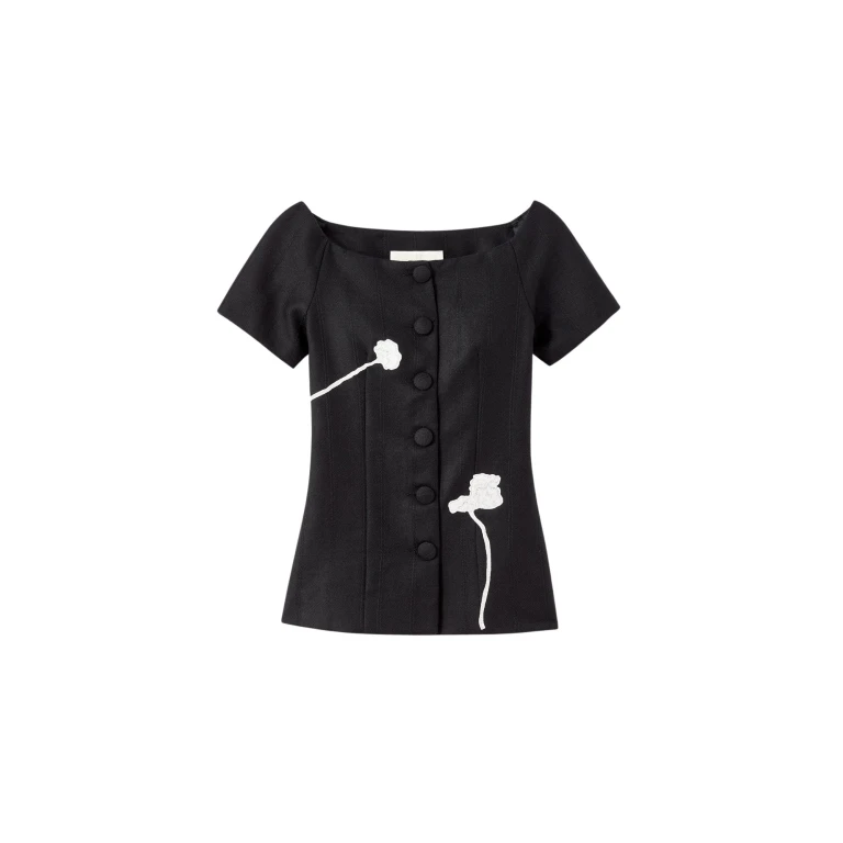 Destree Black virgin wool top with floral embroidery - Destree - Graphic Parisian Fashion - Shop at Luxury Shoes 