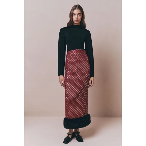Destree Burgundy & gold jacquard skirt with faux fur trim - Destree - Graphic Parisian Fashion - Shop at Luxury Shoes 
