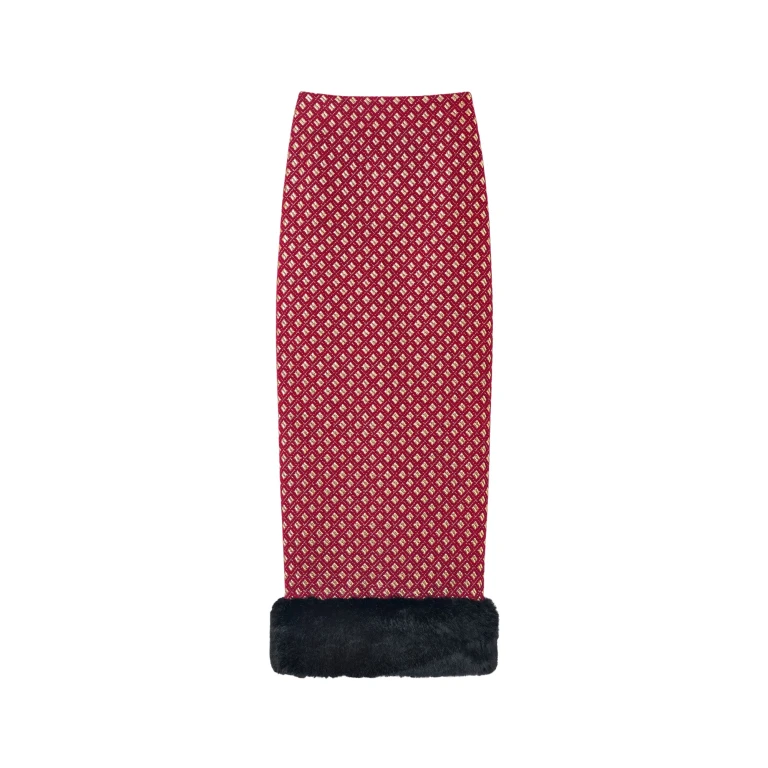 Destree Burgundy & gold jacquard skirt with faux fur trim - Destree - Graphic Parisian Fashion - Shop at Luxury Shoes 
