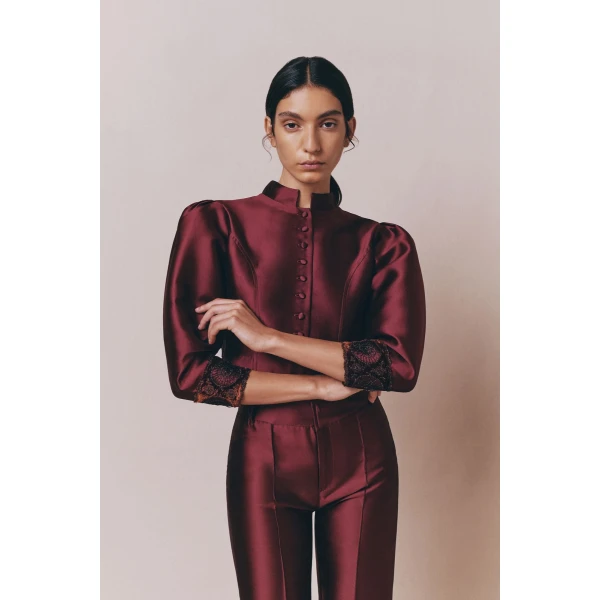 Destree Burgundy satin puff sleeves jacket with embroidered details - Destree - Graphic Parisian Fashion - Shop at Luxury Shoes 