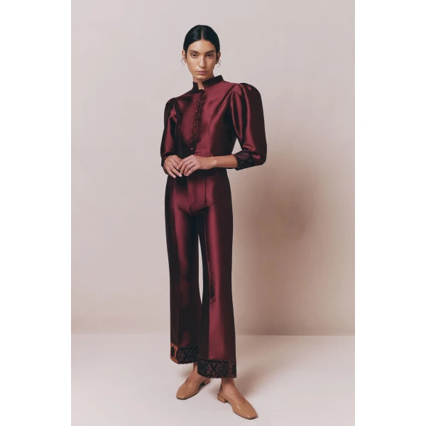 Destree Burgundy satin straight pants with embroidered details - Destree - Graphic Parisian Fashion - Shop at Luxury Shoes 