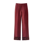Destree Burgundy satin straight pants with embroidered details - Destree - Graphic Parisian Fashion - Shop at Luxury Shoes 