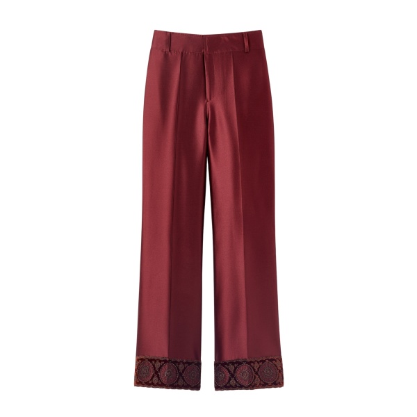 Destree Burgundy satin straight pants with embroidered details - Destree - Graphic Parisian Fashion - Shop at Luxury Shoes 