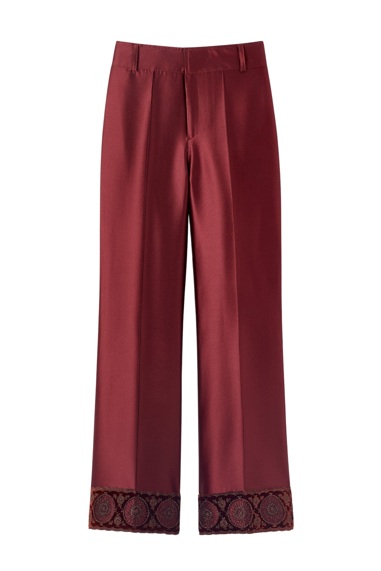 Destree Burgundy satin straight pants with embroidered details - Destree - Graphic Parisian Fashion - Shop at Luxury Shoes 