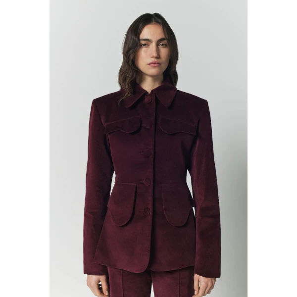 Destree Burgundy velvet utility button-front jacket - Destree - Graphic Parisian Fashion - Shop at Luxury Shoes 