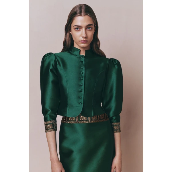Destree Forest satin puff sleeves jacket with embroidered details - Destree - Graphic Parisian Fashion - Shop at Luxury Shoes 