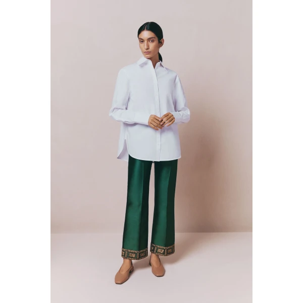 Destree Forest satin straight pants with embroidered details - Destree - Graphic Parisian Fashion - Shop at Luxury Shoes 