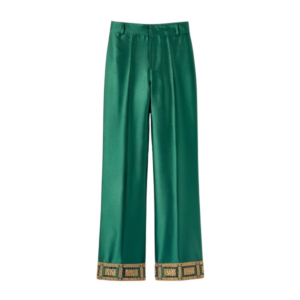 Destree Forest satin straight pants with embroidered details - Destree - Graphic Parisian Fashion - Shop at Luxury Shoes 
