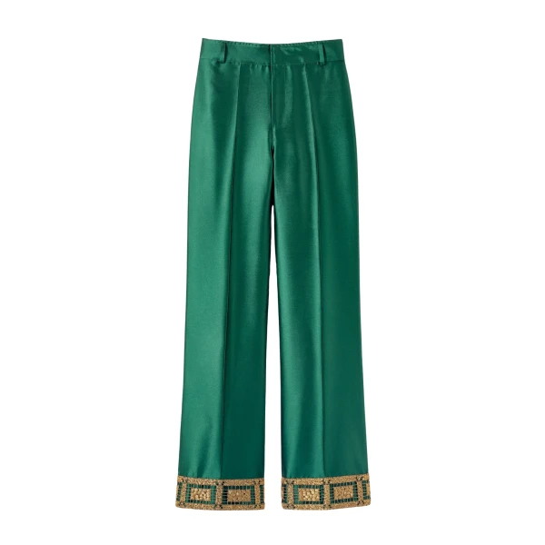 Destree Forest satin straight pants with embroidered details - Destree - Graphic Parisian Fashion - Shop at Luxury Shoes 