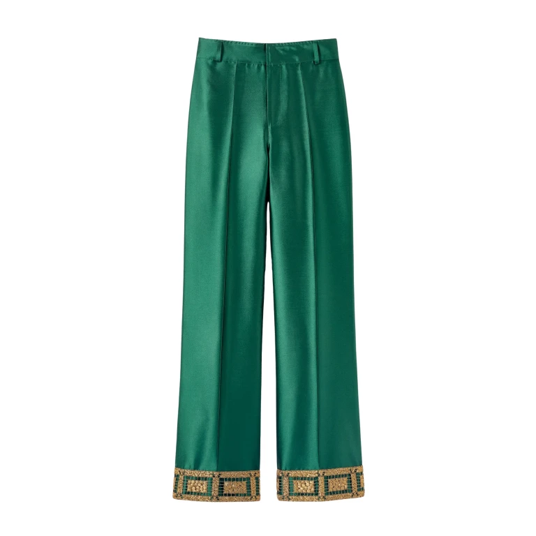 Destree Forest satin straight pants with embroidered details - Destree - Graphic Parisian Fashion - Shop at Luxury Shoes 