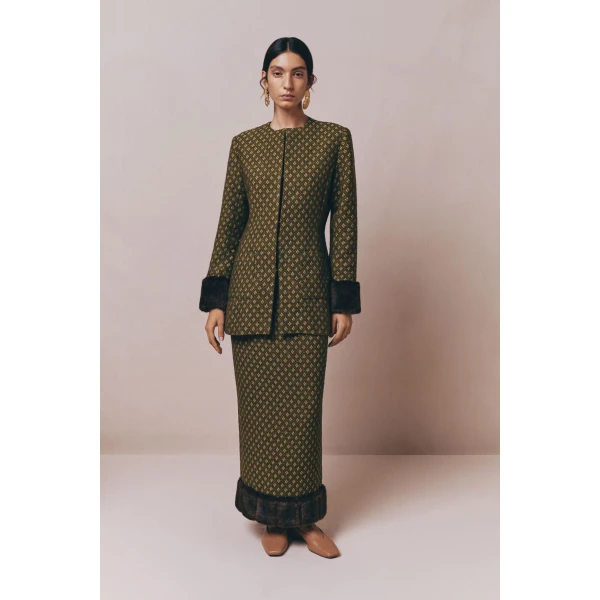 Destree Green jacquard skirt with faux fur trim - Destree - Graphic Parisian Fashion - Shop at Luxury Shoes 