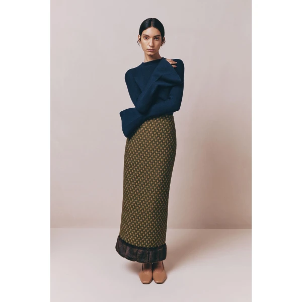 Destree Green jacquard skirt with faux fur trim - Destree - Graphic Parisian Fashion - Shop at Luxury Shoes 
