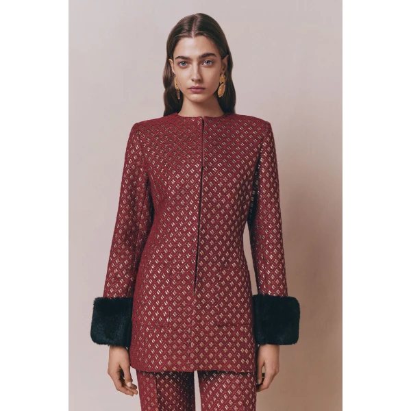 Destree Structured burgundy & gold jacquard long jacket with soft faux fur cuffs - Destree - Graphic Parisian Fashion - Shop at Luxury Shoes 