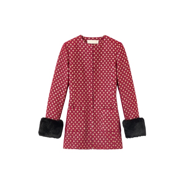 Destree Structured burgundy & gold jacquard long jacket with soft faux fur cuffs - Destree - Graphic Parisian Fashion - Shop at Luxury Shoes 