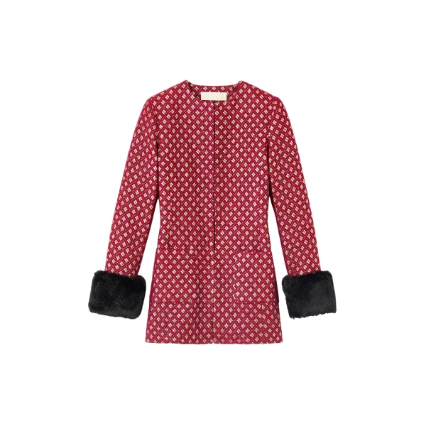 Destree Structured burgundy & gold jacquard long jacket with soft faux fur cuffs - Destree - Graphic Parisian Fashion - Shop at Luxury Shoes 