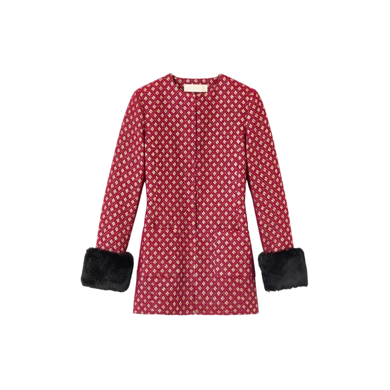 Destree Structured burgundy & gold jacquard long jacket with soft faux fur cuffs - Destree - Graphic Parisian Fashion - Shop at Luxury Shoes 