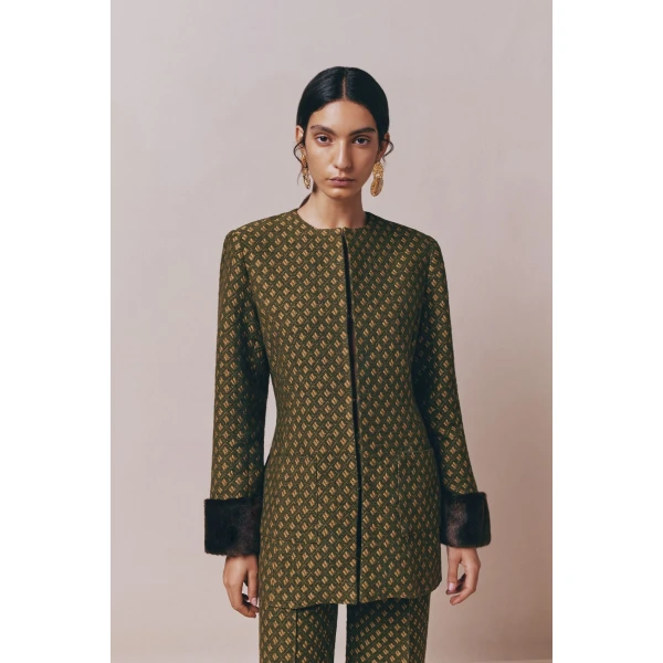 Destree Structured green jacquard long jacket with soft faux fur cuffs - Destree - Graphic Parisian Fashion - Shop at Luxury Shoes 