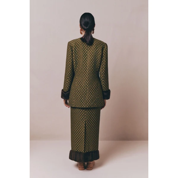 Destree Structured green jacquard long jacket with soft faux fur cuffs - Destree - Graphic Parisian Fashion - Shop at Luxury Shoes 