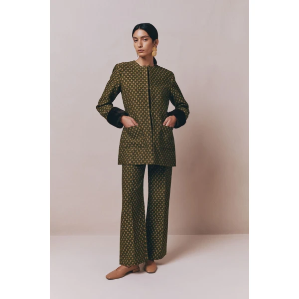 Destree Structured green jacquard long jacket with soft faux fur cuffs - Destree - Graphic Parisian Fashion - Shop at Luxury Shoes 