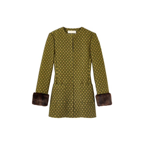 Destree Structured green jacquard long jacket with soft faux fur cuffs - Destree - Graphic Parisian Fashion - Shop at Luxury Shoes 