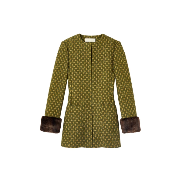 Destree Structured green jacquard long jacket with soft faux fur cuffs - Destree - Graphic Parisian Fashion - Shop at Luxury Shoes 