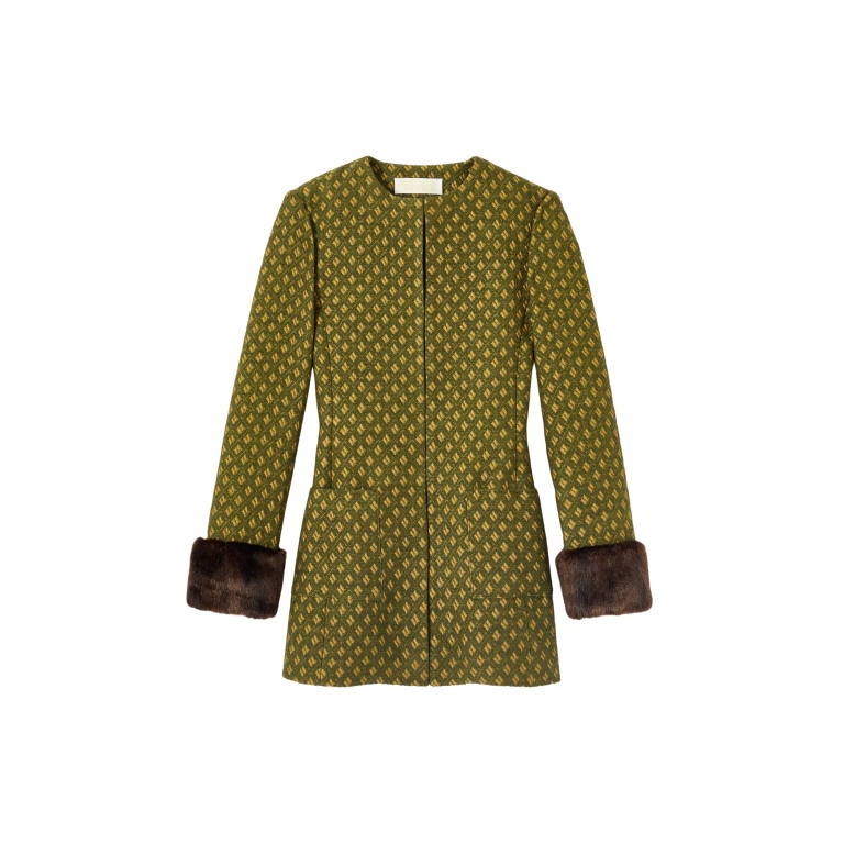Destree Structured green jacquard long jacket with soft faux fur cuffs - Destree - Graphic Parisian Fashion - Shop at Luxury Shoes 