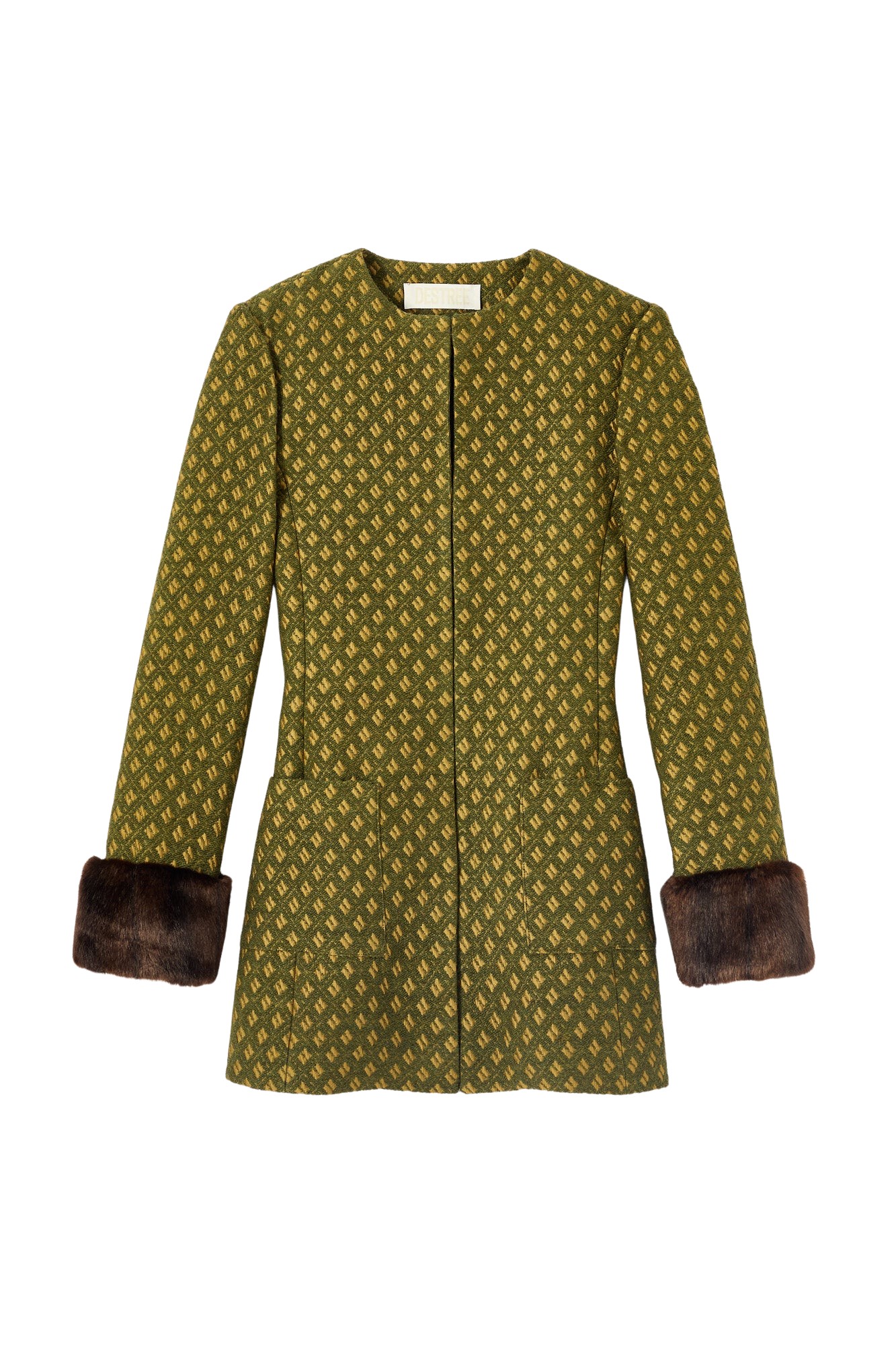Destree Structured green jacquard long jacket with soft faux fur cuffs - Destree - Graphic Parisian Fashion - Shop at Luxury Shoes 