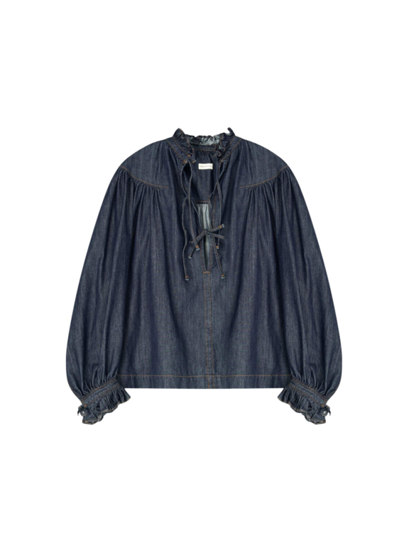 Dries Van Noten Ruffled Denim Shirt - Dries Van Noten Tops - Belgian Fashion Design - Shop at Luxury Shoes 