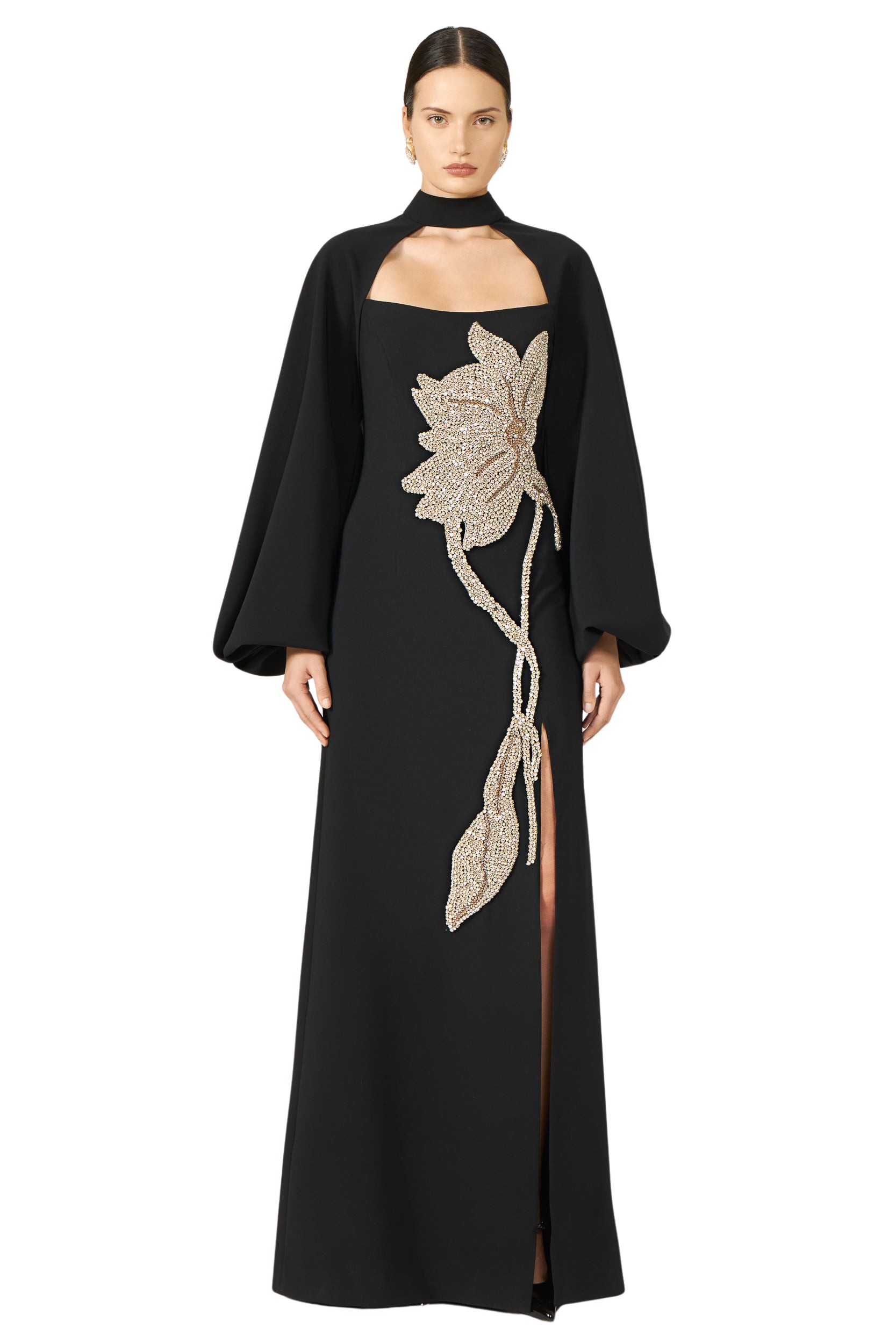 Costarellos Fara Crepe Crystal Gown