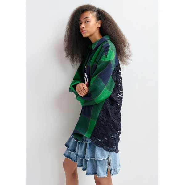 Essentiel Antwerp Green and navy wool-blend checked flannel with lace back panel - Essentiel Antwerp Knitwear - Colorful Belgian Design - Shop at Luxury Shoes 
