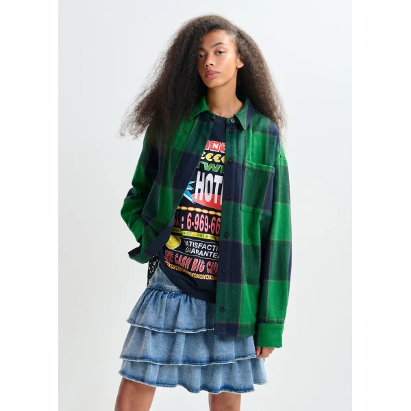 Essentiel Antwerp Green and navy wool-blend checked flannel with lace back panel - Essentiel Antwerp Knitwear - Colorful Belgian Design - Shop at Luxury Shoes 