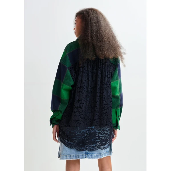Essentiel Antwerp Green and navy wool-blend checked flannel with lace back panel - Essentiel Antwerp Knitwear - Colorful Belgian Design - Shop at Luxury Shoes 