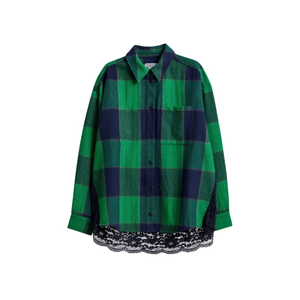 Essentiel Antwerp Green and navy wool-blend checked flannel with lace back panel - Essentiel Antwerp Knitwear - Colorful Belgian Design - Shop at Luxury Shoes 